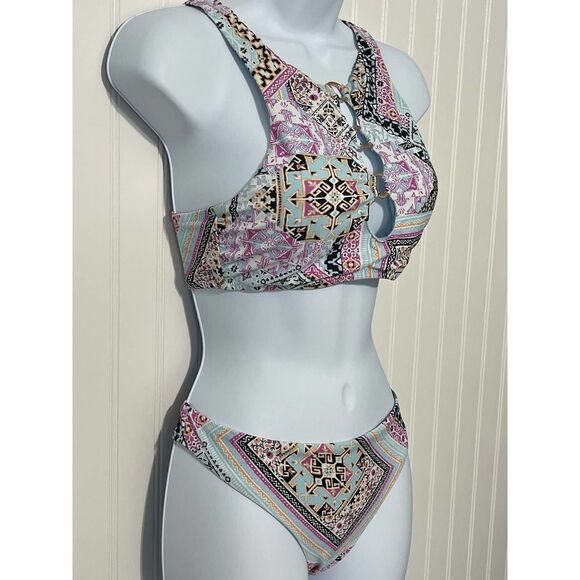 Nanette Lepore Hannah High Neck Marrakesh Megerie Bikini Set Swim Pink Size 8 - Picture 11 of 16